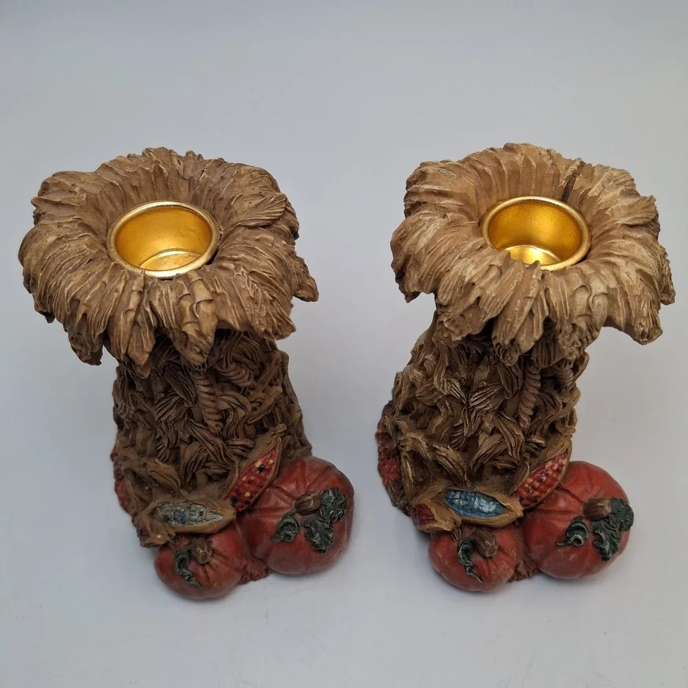 Kurt Adler Resin Thanksgiving Harvest Cornstalk Candle Holders Pumpkin Set 2